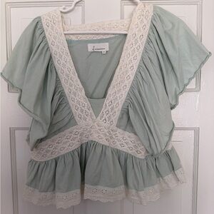 Anthropologie Blue/Green Top with Lace Details